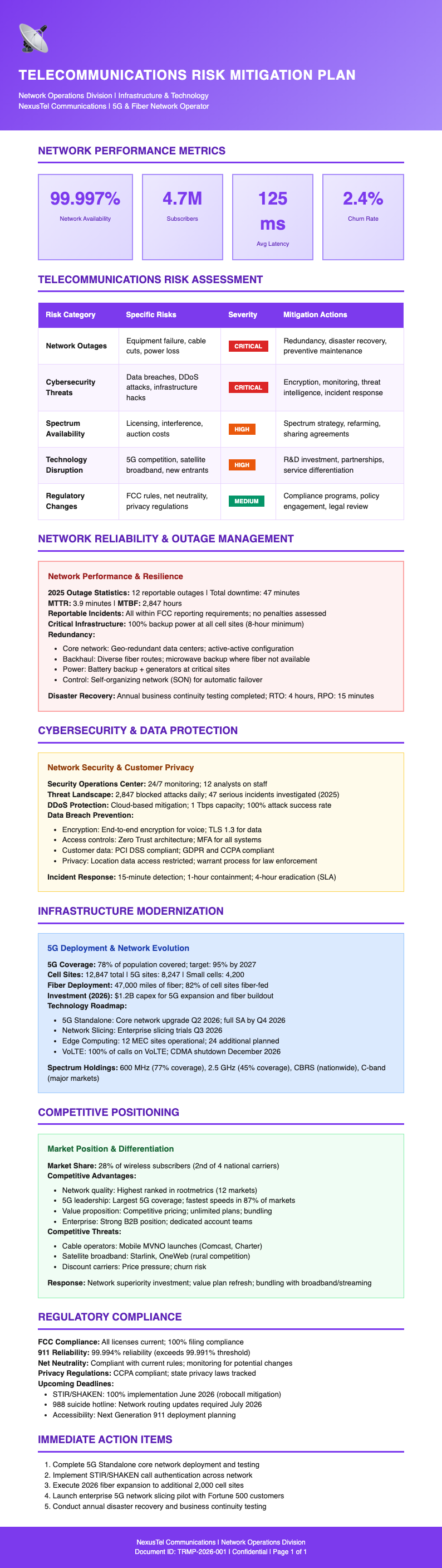 Telecommunications risk mitigation plan